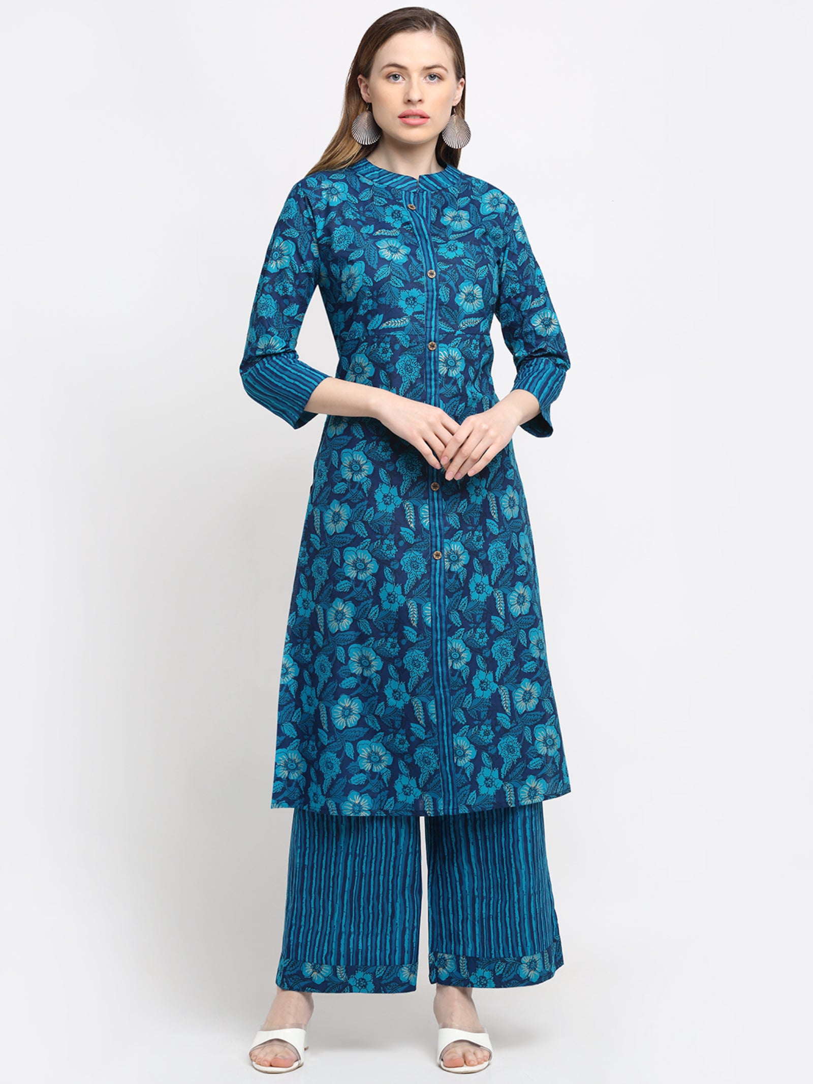 Maluka Women’s Turquoise Floral Gold Print Cotton Kurta Palazzo Set