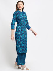 Maluka Women’s Turquoise Floral Gold Print Cotton Kurta Palazzo Set