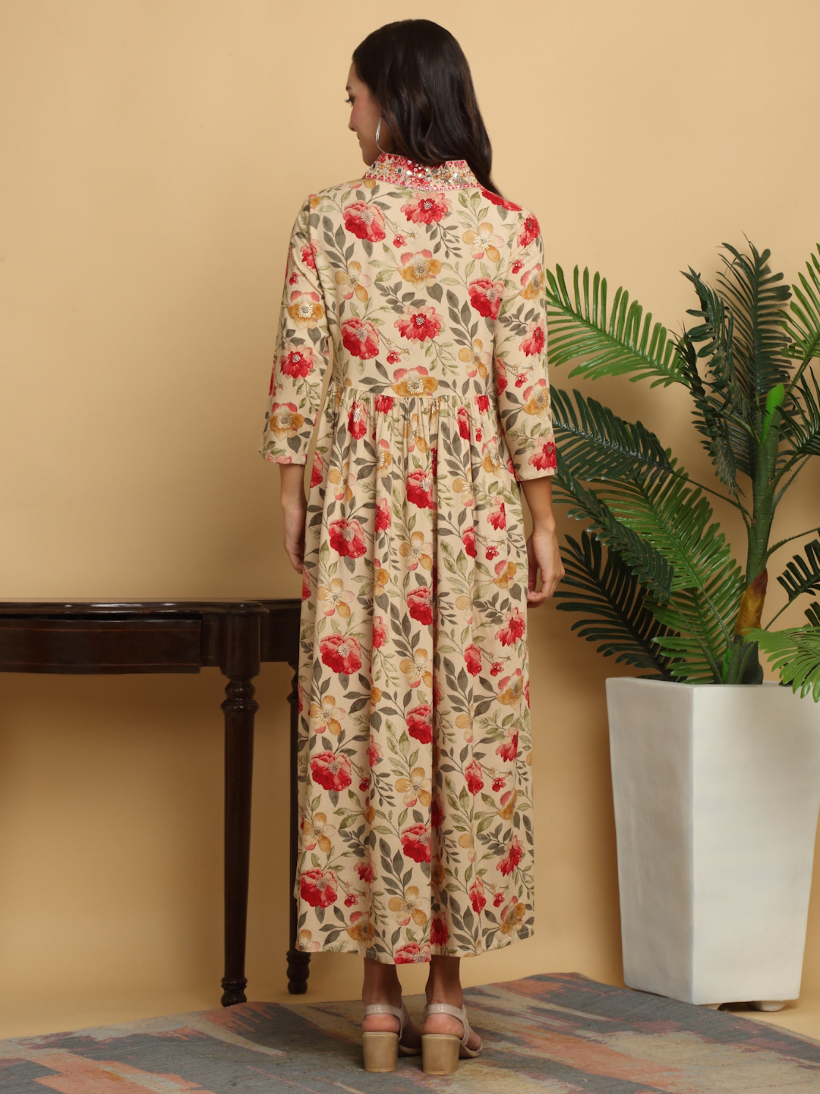 Maluka Women’s Beige Alia Cut Floral Rayon Gown with Sequins & Mirror Work
