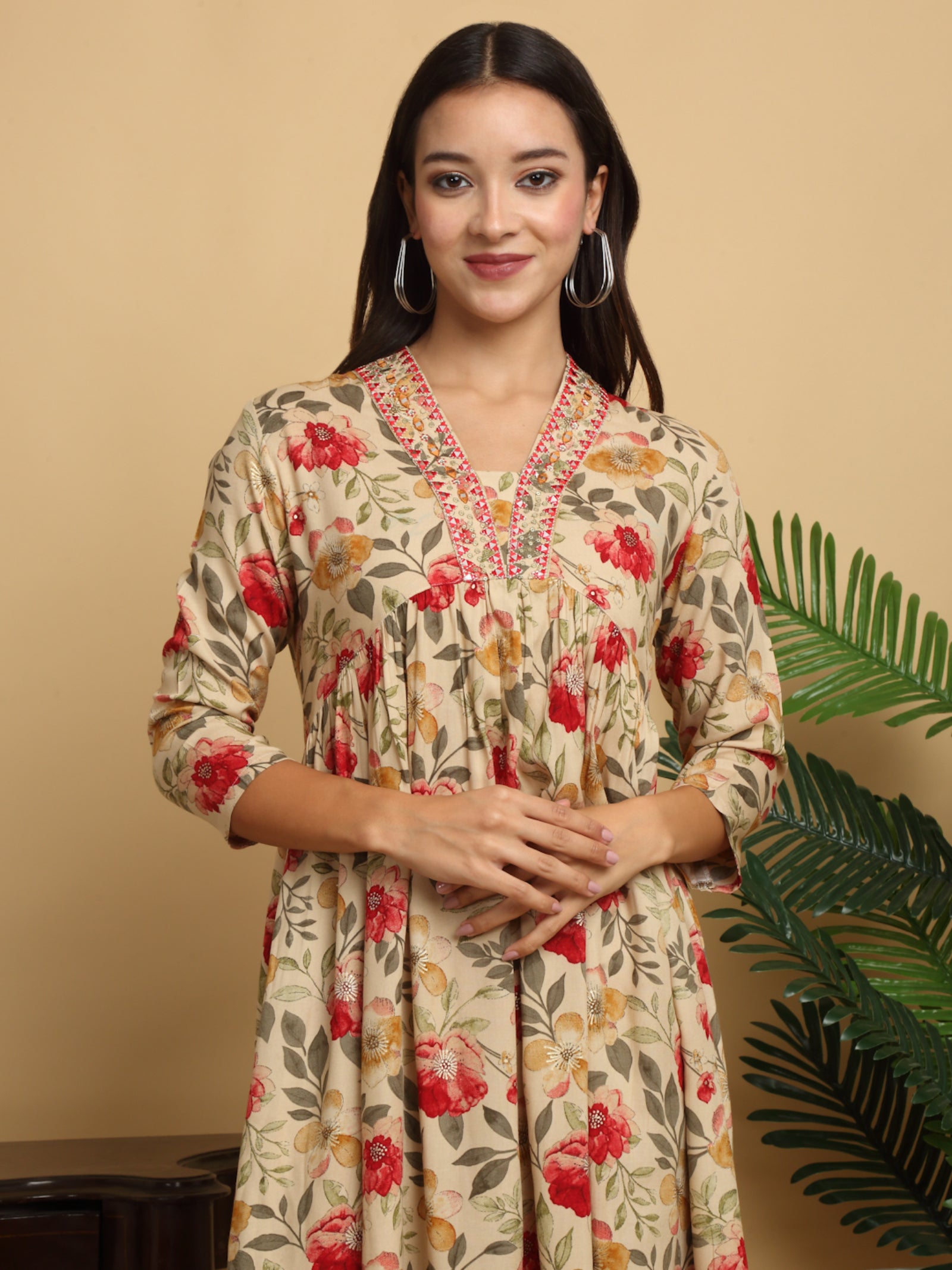 Maluka Women’s Beige Alia Cut Floral Rayon Gown with Sequins & Mirror Work