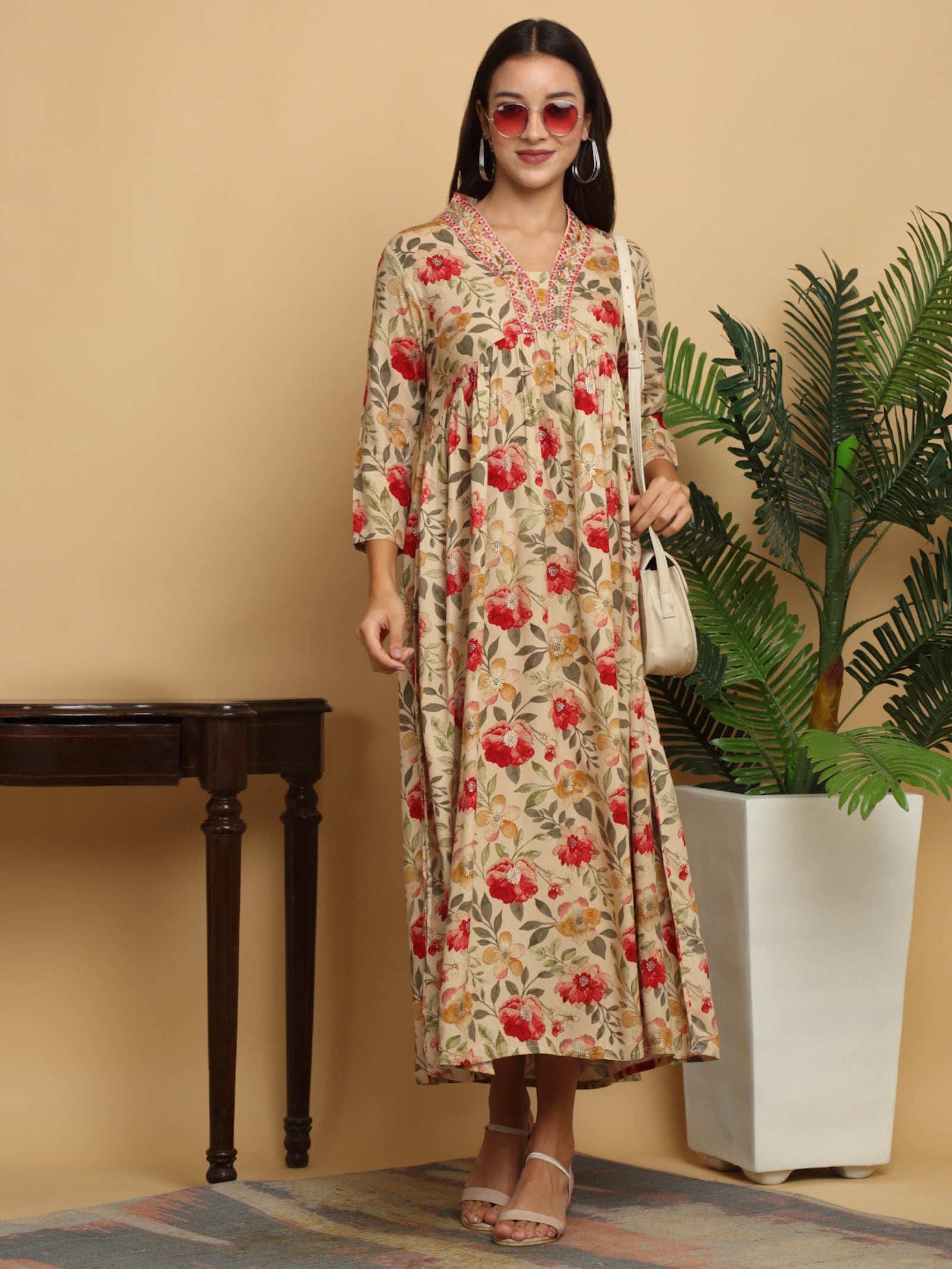 Maluka Women’s Beige Alia Cut Floral Rayon Gown with Sequins & Mirror Work