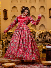 Maluka Women Red Chinon Emb. Floral Printed Dress Set