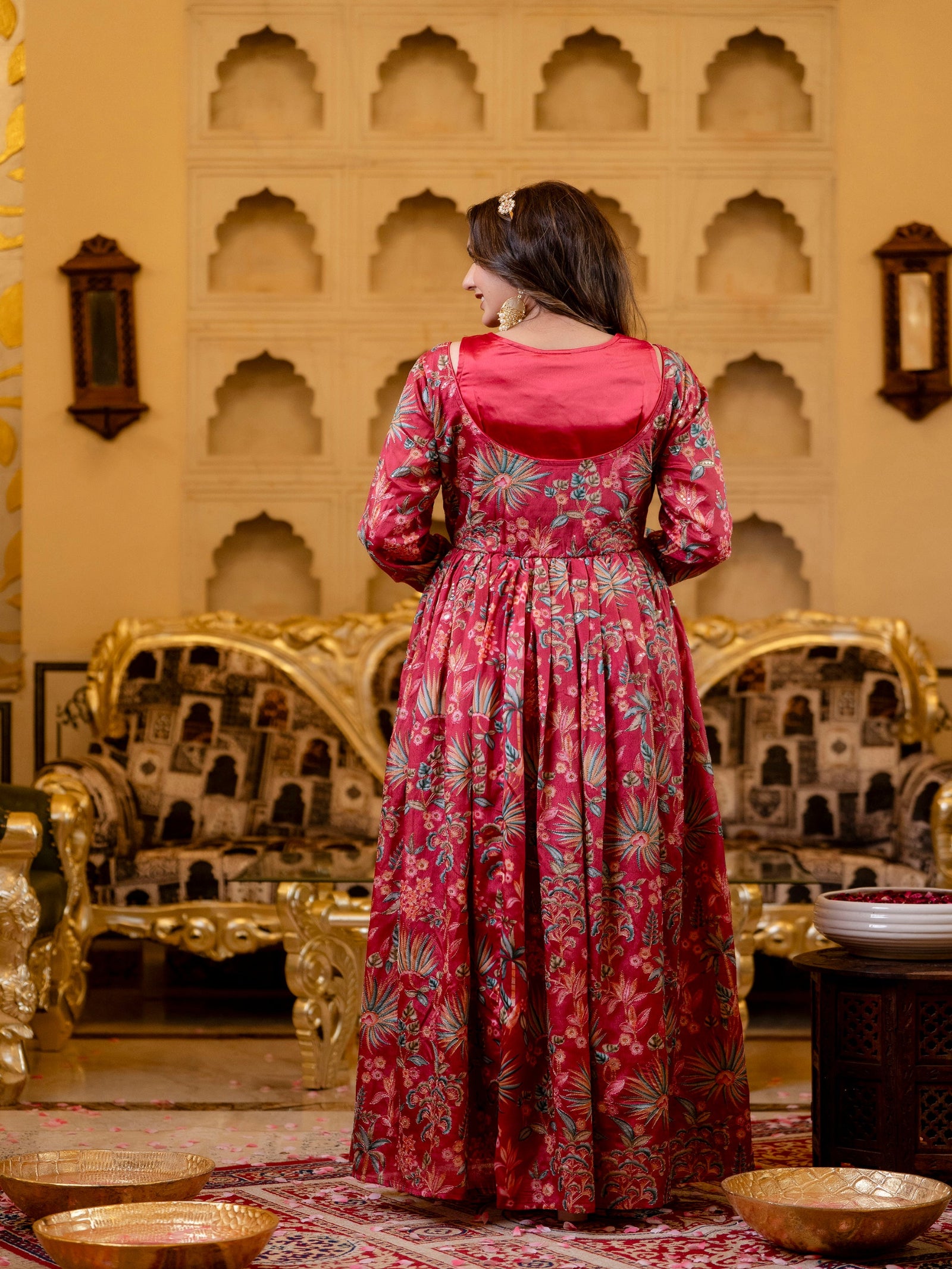 Maluka Women Red Chinon Emb. Floral Printed Dress Set