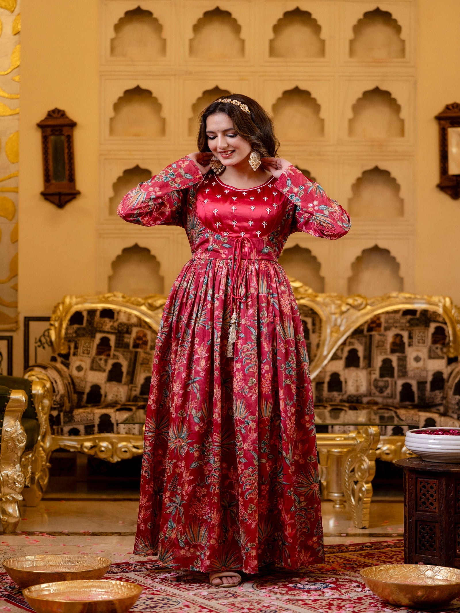 Maluka Women Red Chinon Emb. Floral Printed Dress Set