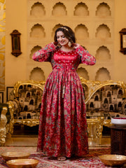 Maluka Women Red Chinon Emb. Floral Printed Dress Set