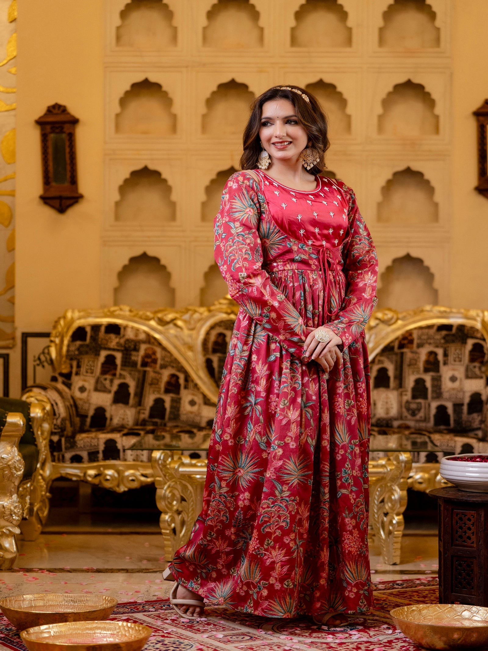 Maluka Women Red Chinon Emb. Floral Printed Dress Set