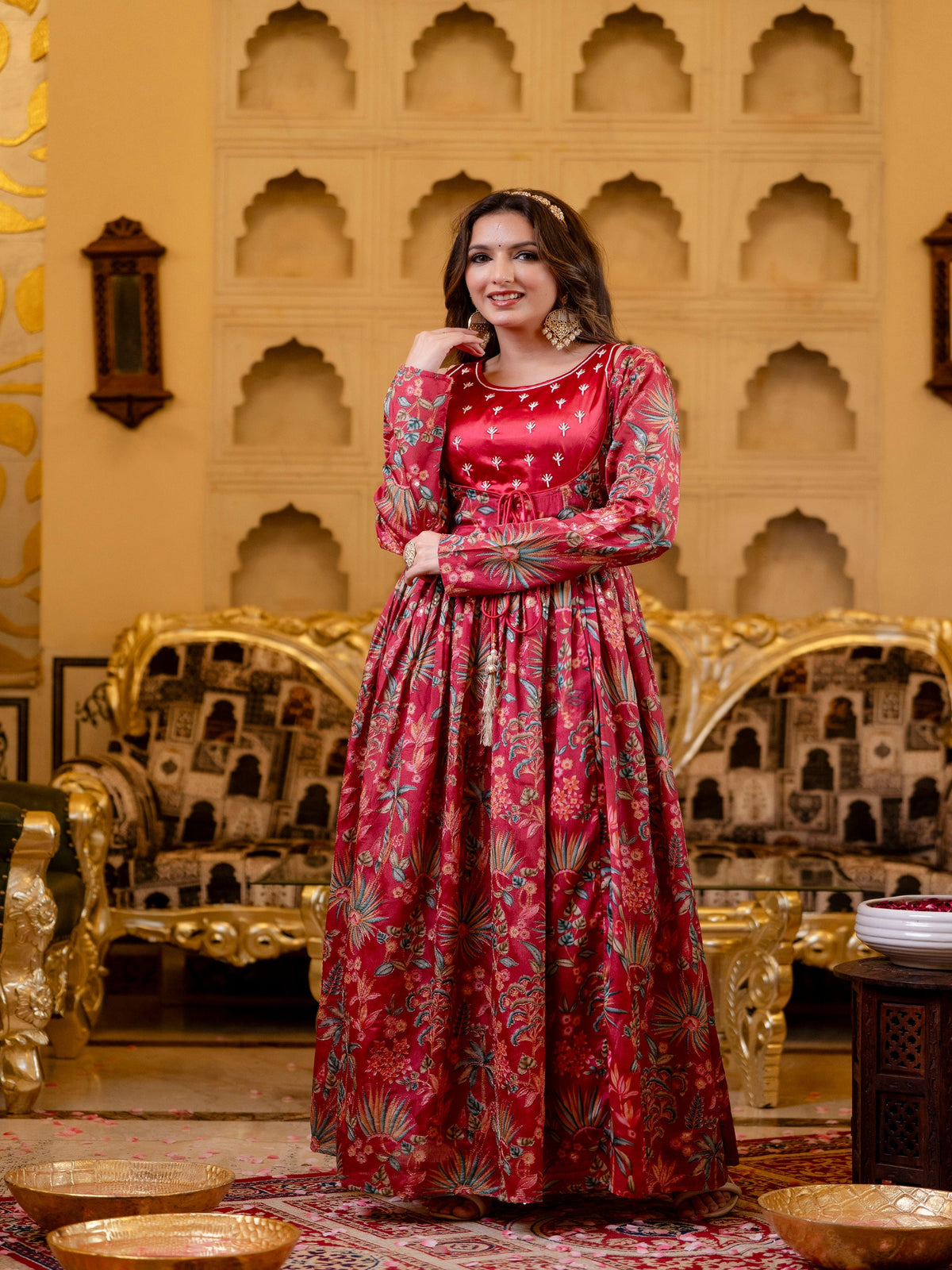 Maluka Women Red Chinon Emb. Floral Printed Dress Set