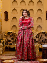 Maluka Women Red Chinon Emb. Floral Printed Dress Set