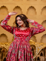 Maluka Women Red Chinon Emb. Floral Printed Dress Set