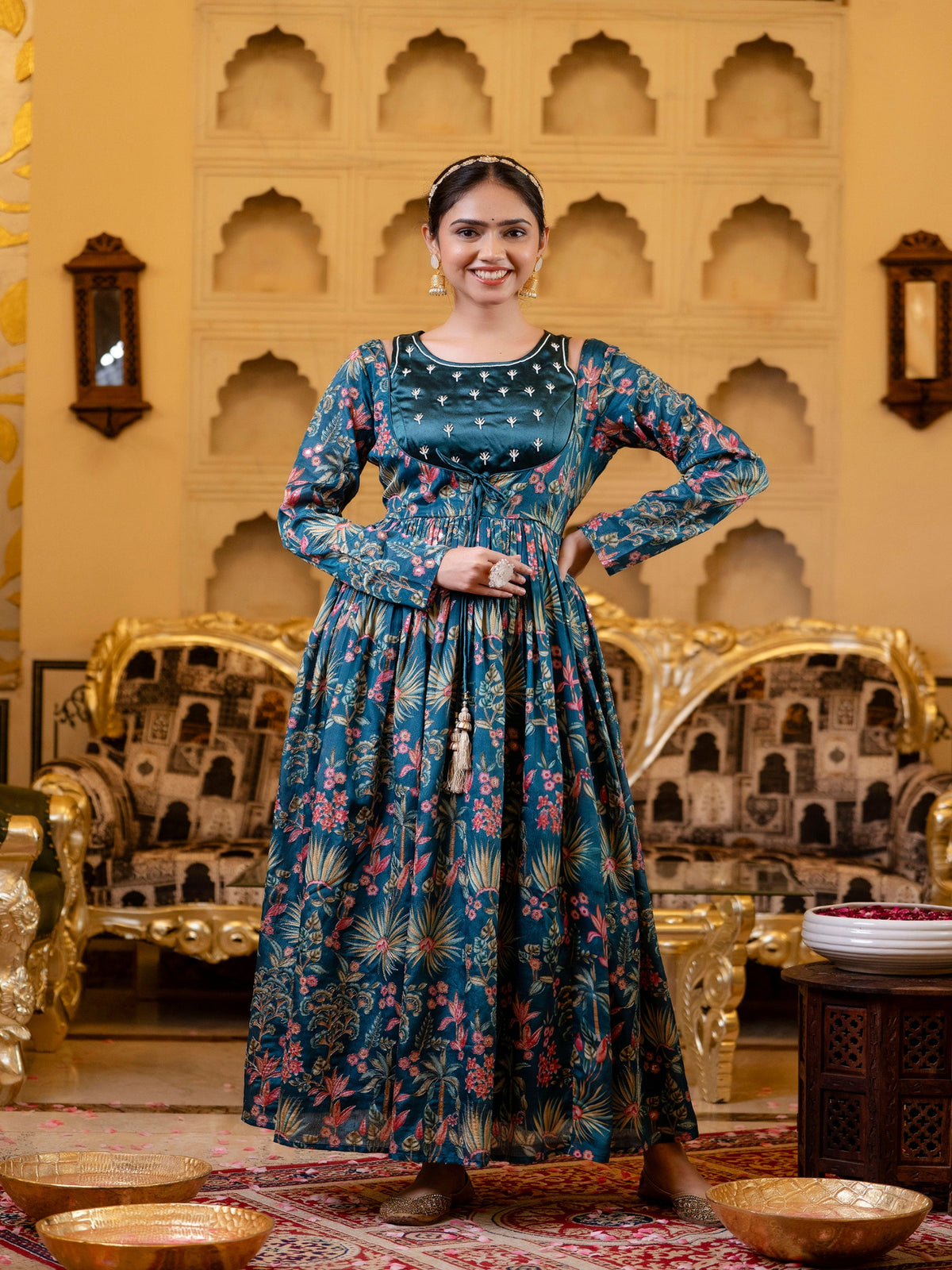 Maluka Women Blue Chinon Emb. Floral Printed Dress Set