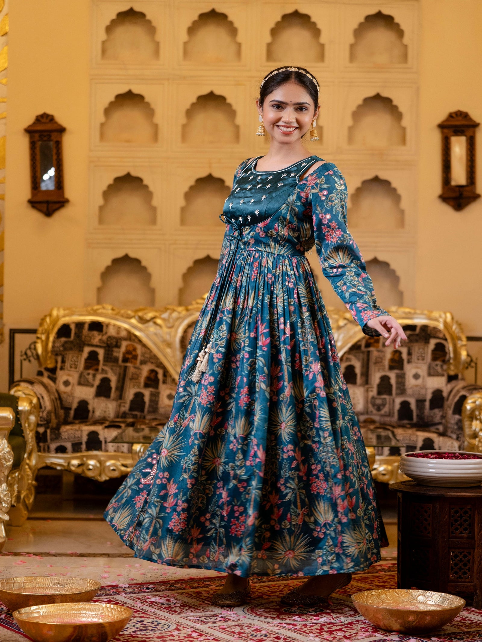 Maluka Women Blue Chinon Emb. Floral Printed Dress Set