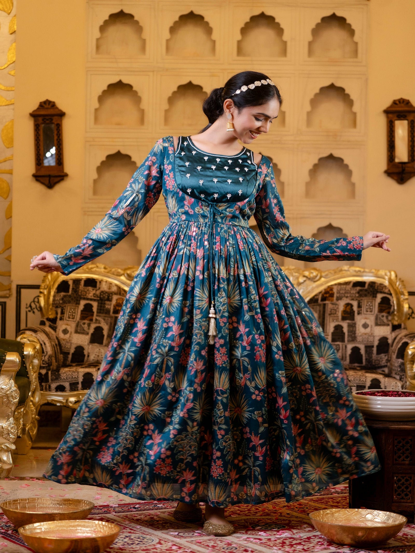 Maluka Women Blue Chinon Emb. Floral Printed Dress Set