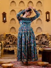 Maluka Women Blue Chinon Emb. Floral Printed Dress Set