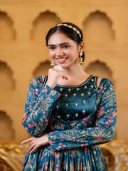 Maluka Women Blue Chinon Emb. Floral Printed Dress Set