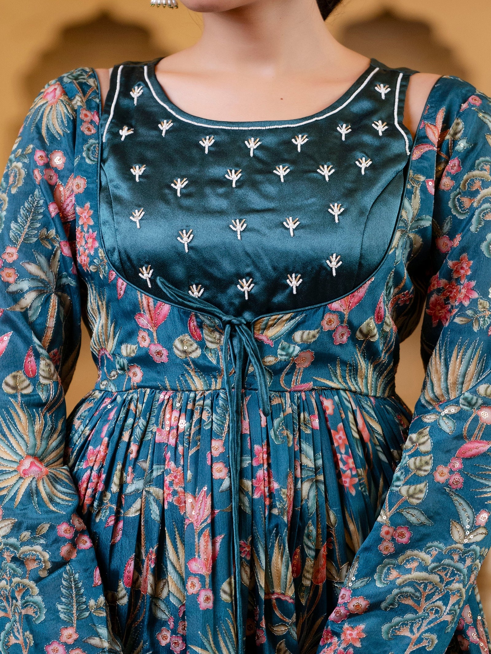 Maluka Women Blue Chinon Emb. Floral Printed Dress Set