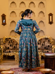 Maluka Women Blue Chinon Emb. Floral Printed Dress Set