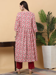 Maluka Women’s Pink & Green Floral Print Rayon Kurta Pant Set