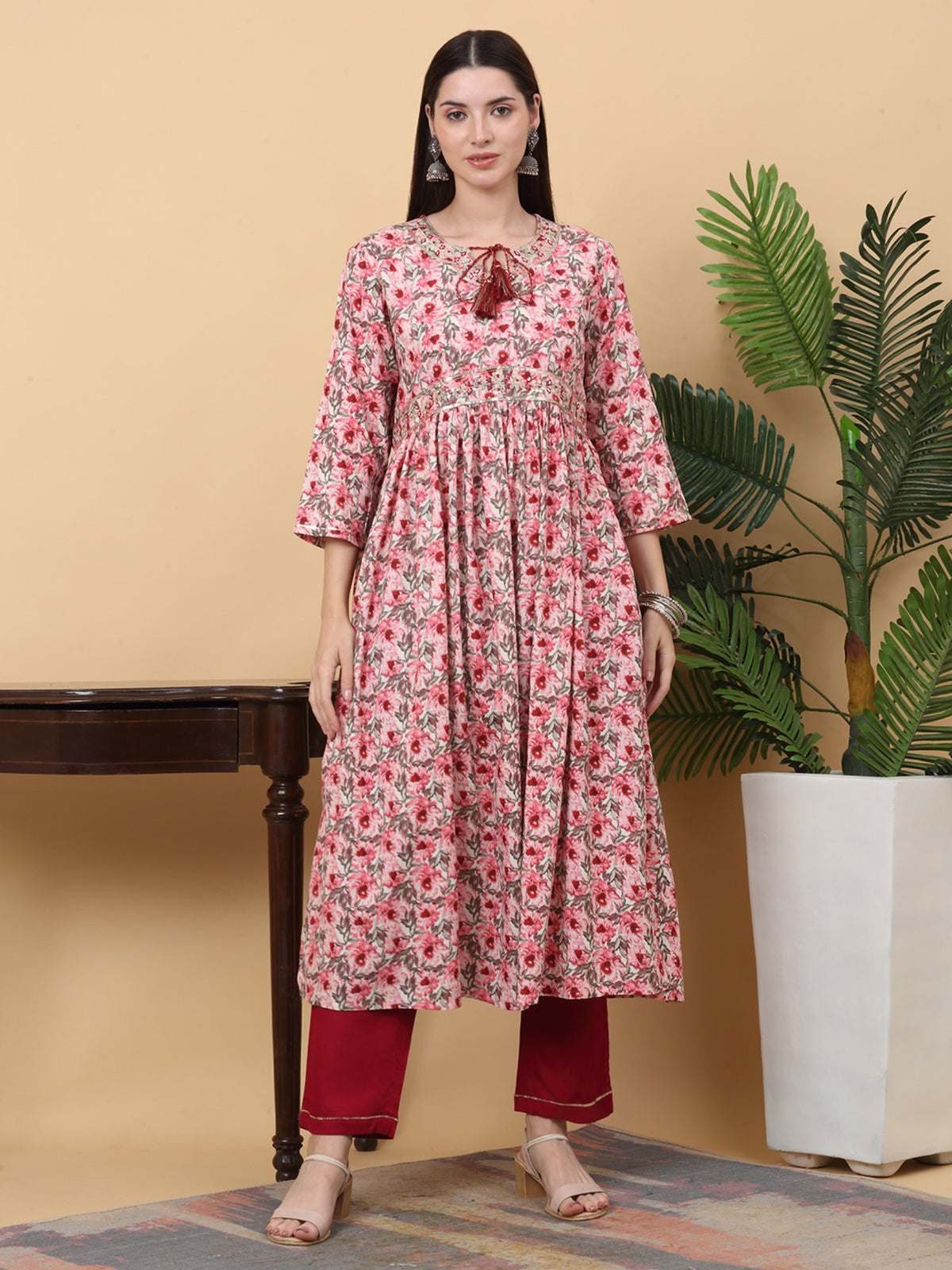 Maluka Women’s Pink & Green Floral Print Rayon Kurta Pant Set