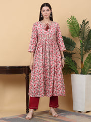 Maluka Women’s Pink & Green Floral Print Rayon Kurta Pant Set