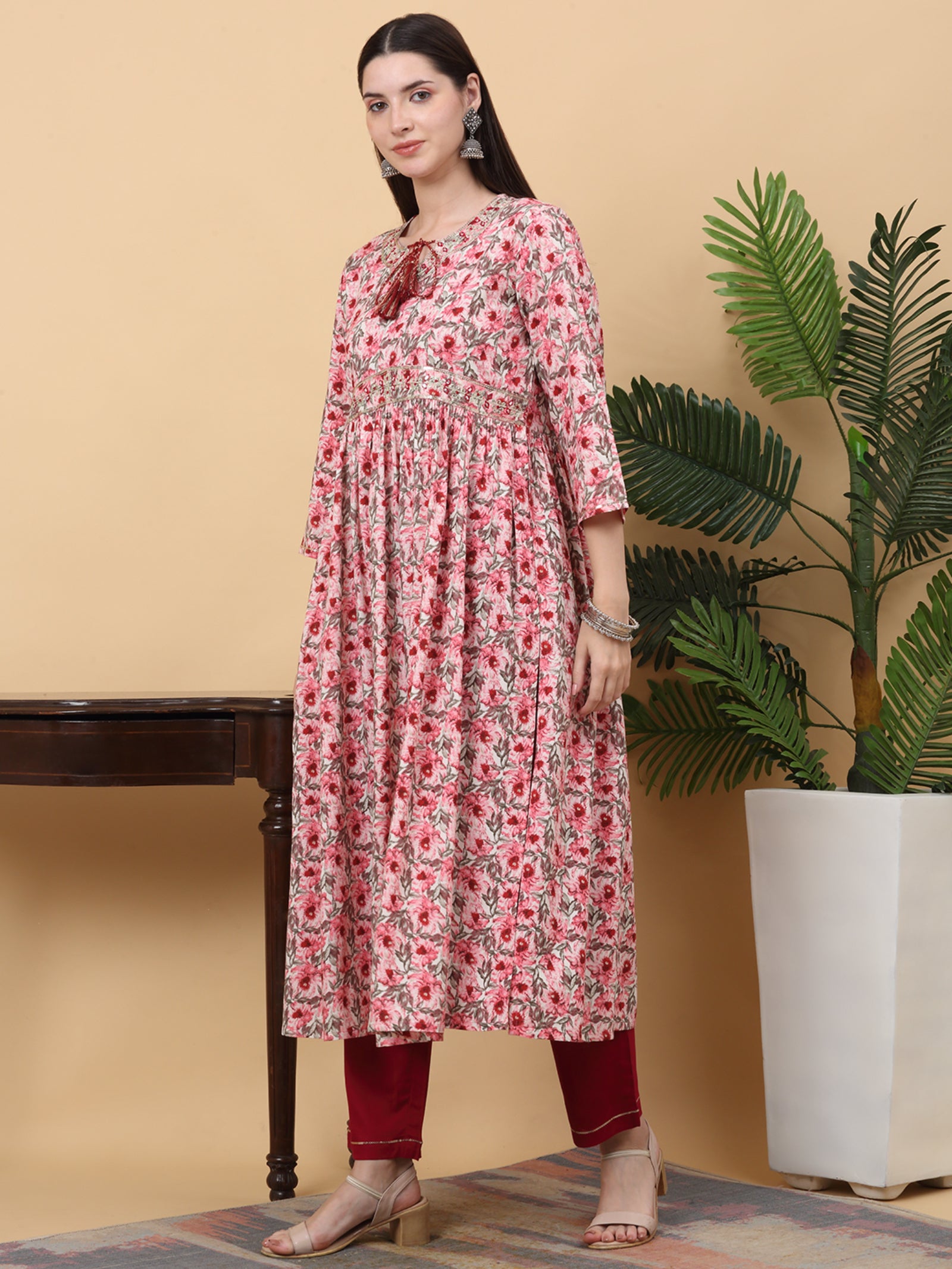 Maluka Women’s Pink & Green Floral Print Rayon Kurta Pant Set