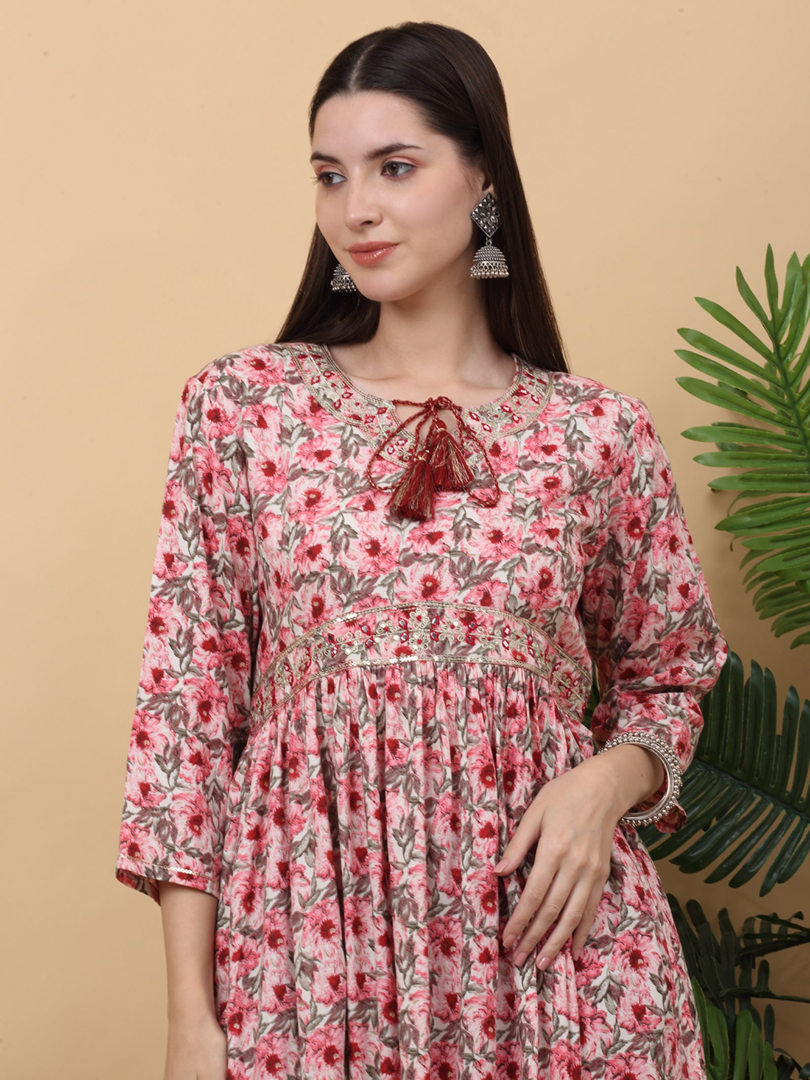 Maluka Women’s Pink & Green Floral Print Rayon Kurta Pant Set