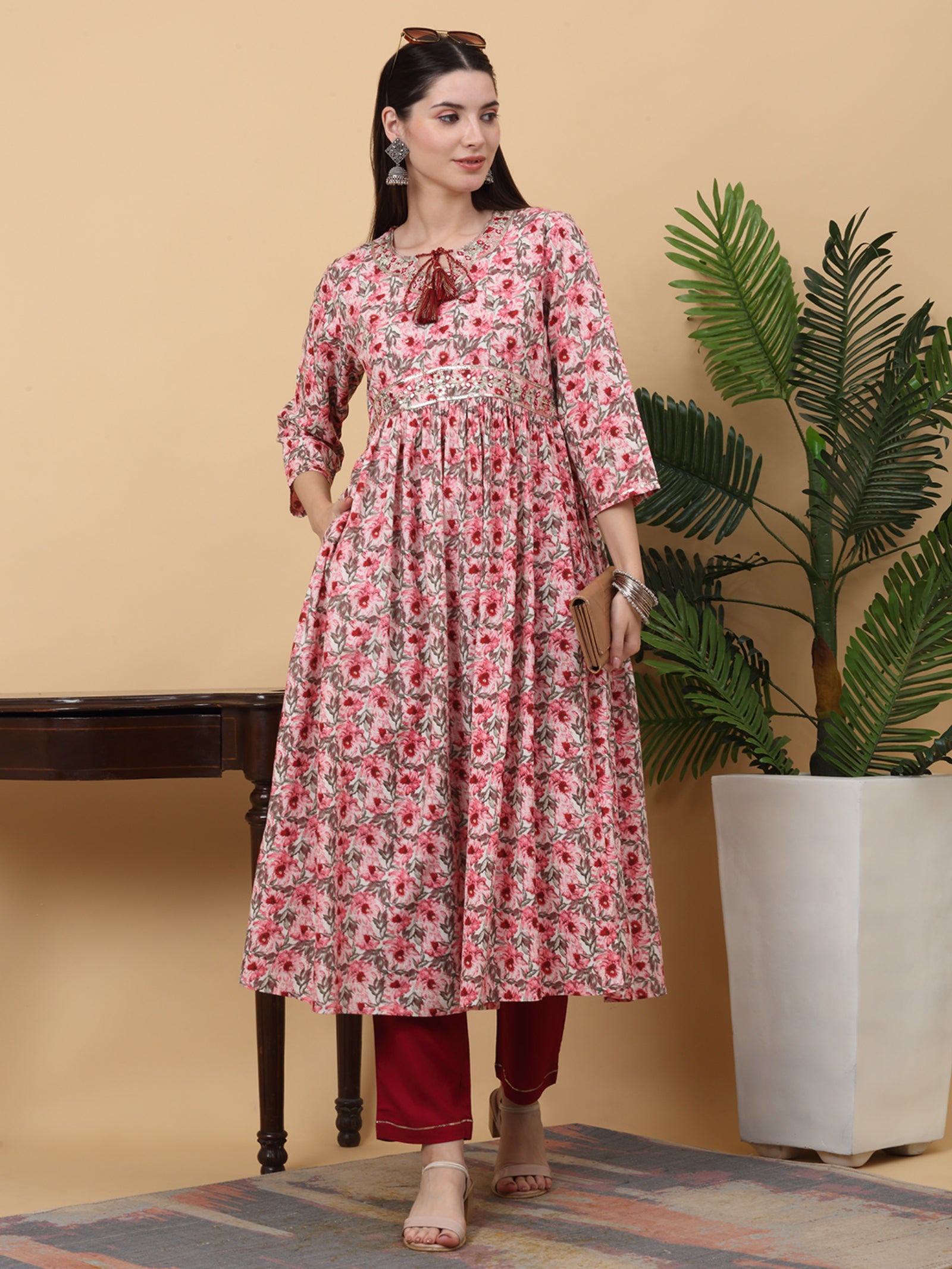 Maluka Women’s Pink & Green Floral Print Rayon Kurta Pant Set