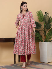 Maluka Women’s Pink & Green Floral Print Rayon Kurta Pant Set