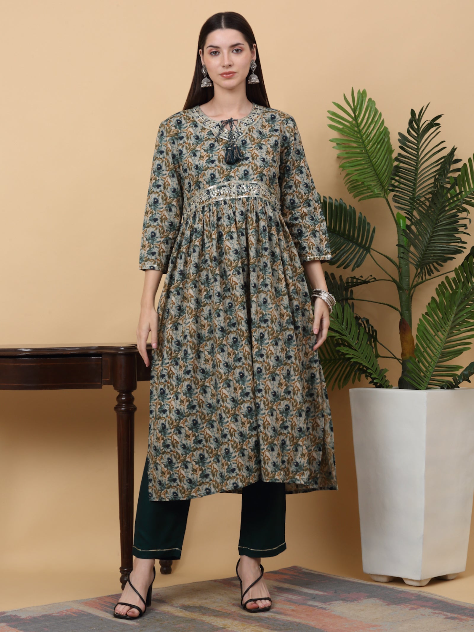 Maluka Women’s Pink & Green Floral Print Rayon Kurta Pant Set