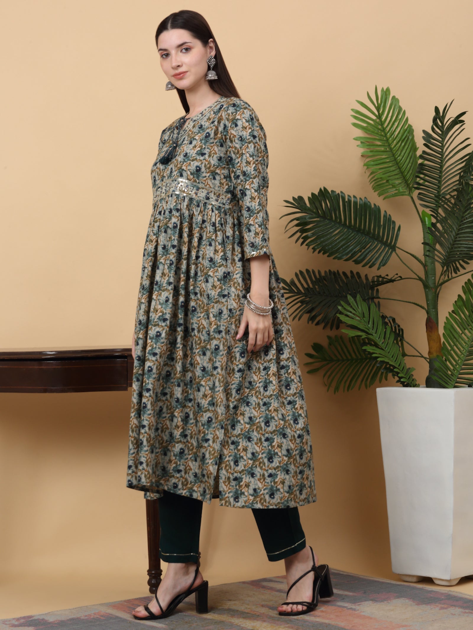 Maluka Women’s Pink & Green Floral Print Rayon Kurta Pant Set