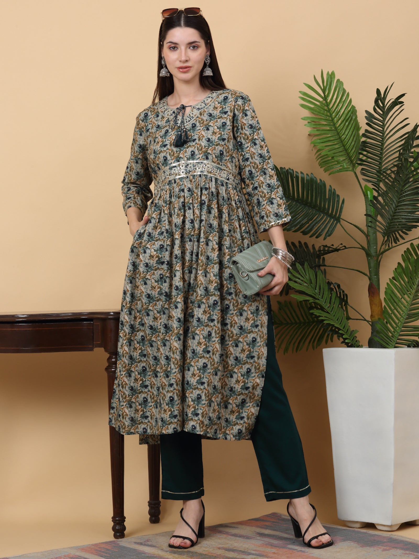 Maluka Women’s Pink & Green Floral Print Rayon Kurta Pant Set