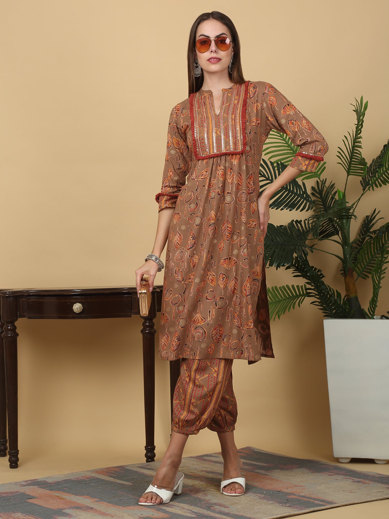 Maluka Women’s Brown Floral Print Rayon Foil Kurta Pant Set