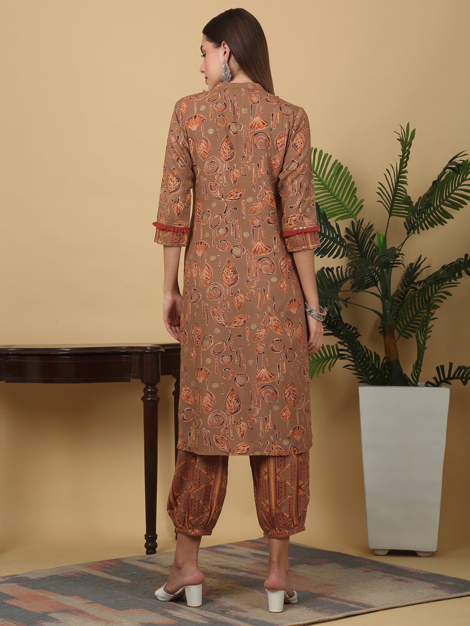 Maluka Women’s Brown Floral Print Rayon Foil Kurta Pant Set