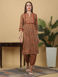 Maluka Women’s Brown Floral Print Rayon Foil Kurta Pant Set