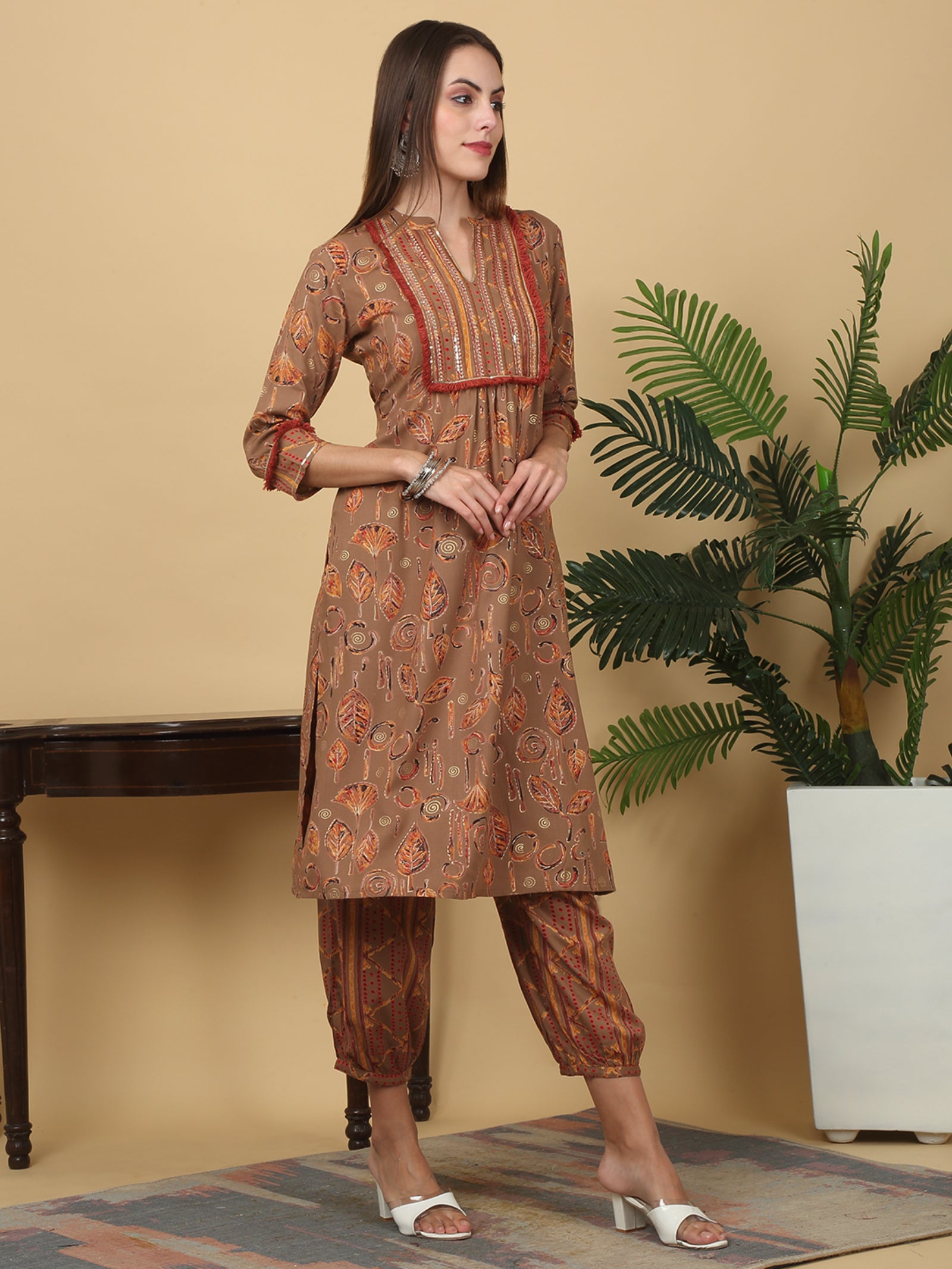 Maluka Women’s Brown Floral Print Rayon Foil Kurta Pant Set