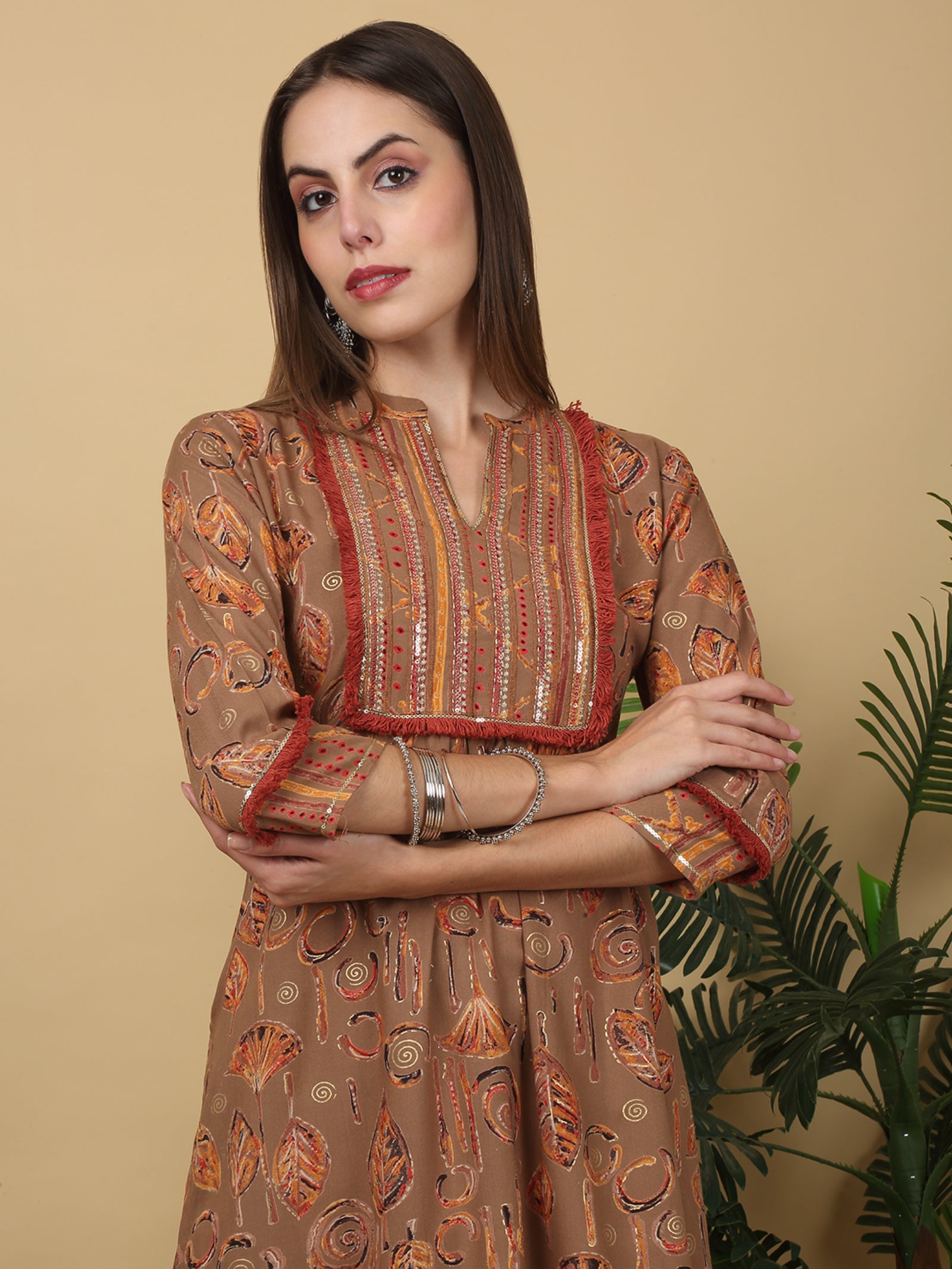 Maluka Women’s Brown Floral Print Rayon Foil Kurta Pant Set