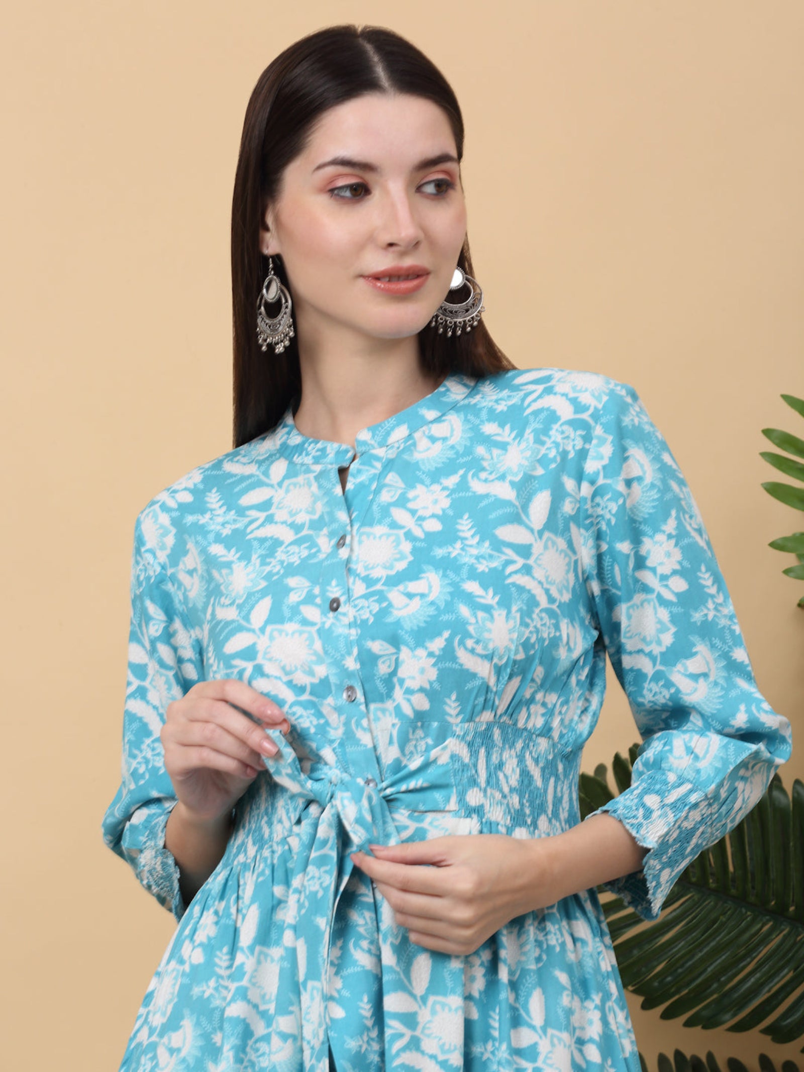 Maluka Women Rayon Floral Printed Mandarin Collar Dress