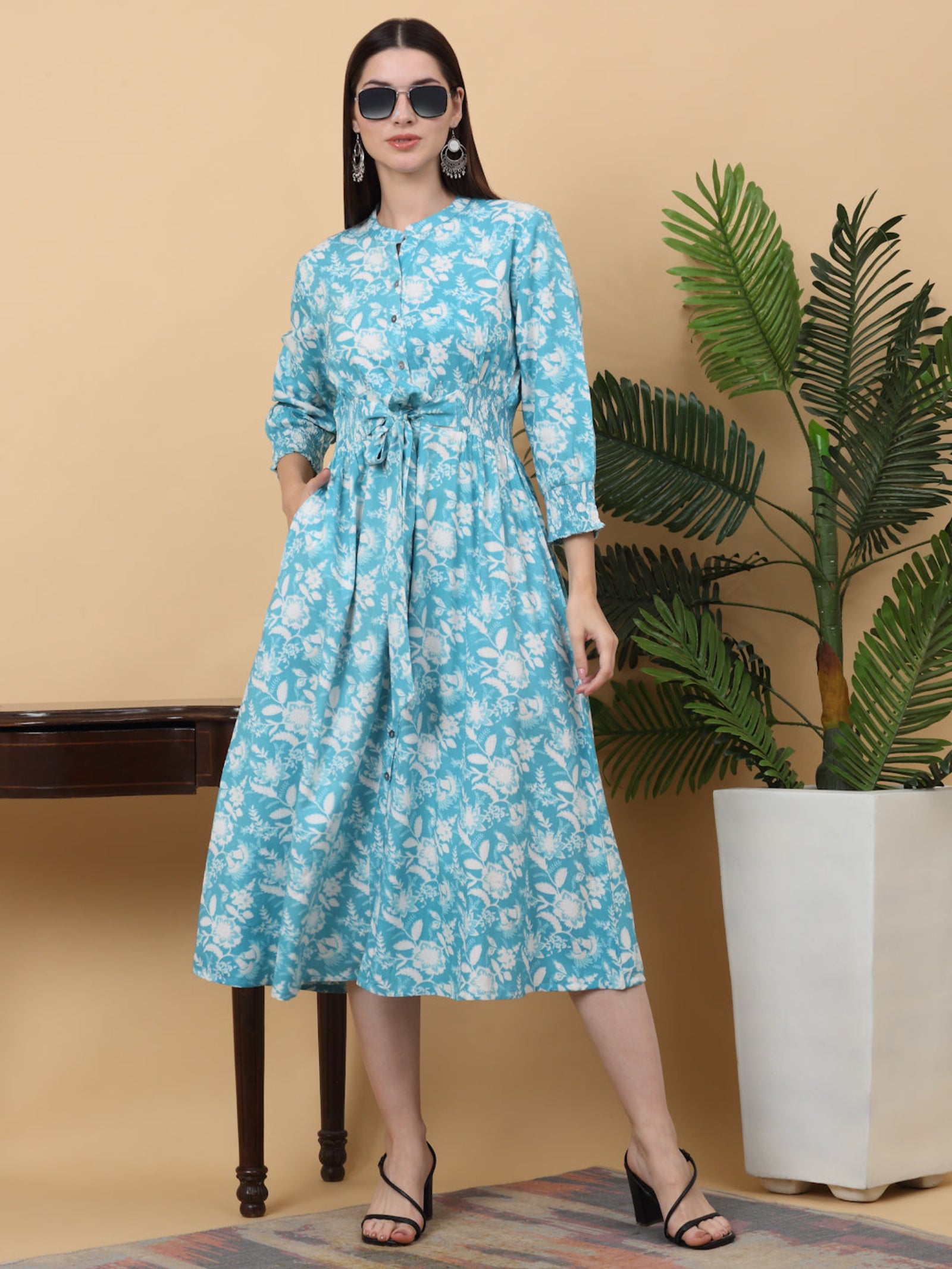 Maluka Women Rayon Floral Printed Mandarin Collar Dress