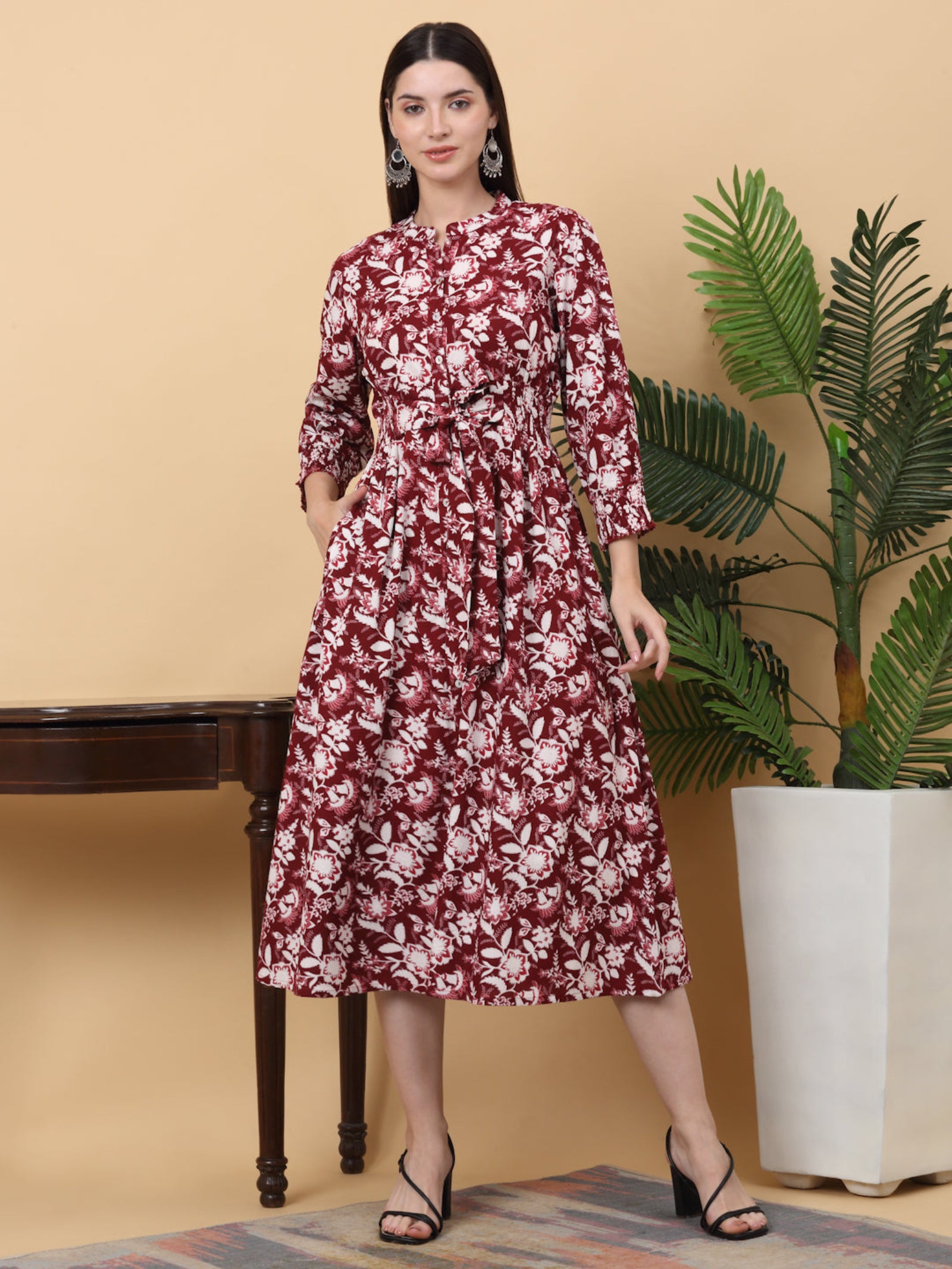 Maluka Women Rayon Floral Printed Mandarin Collar Dress