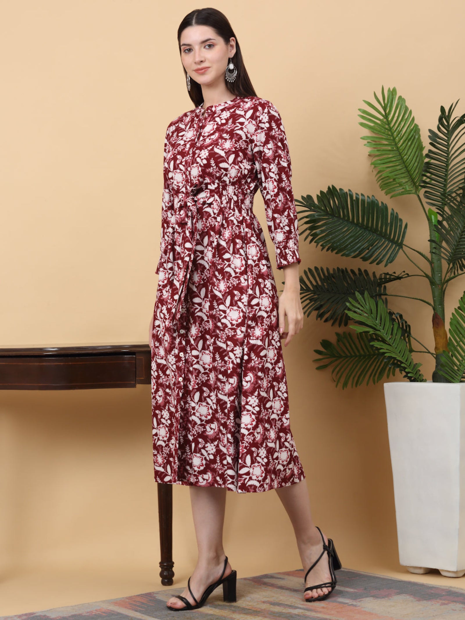 Maluka Women Rayon Floral Printed Mandarin Collar Dress