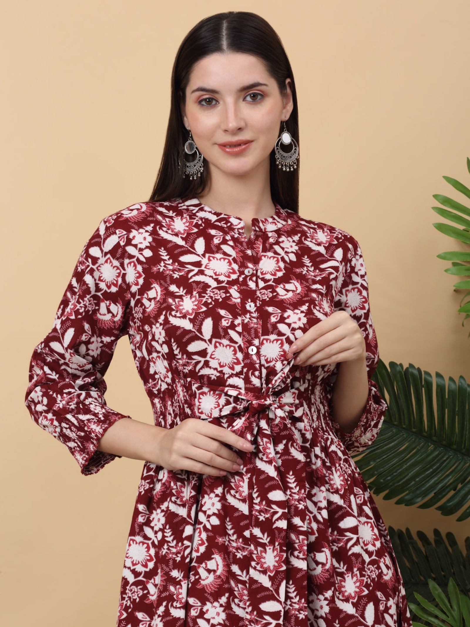 Maluka Women Rayon Floral Printed Mandarin Collar Dress