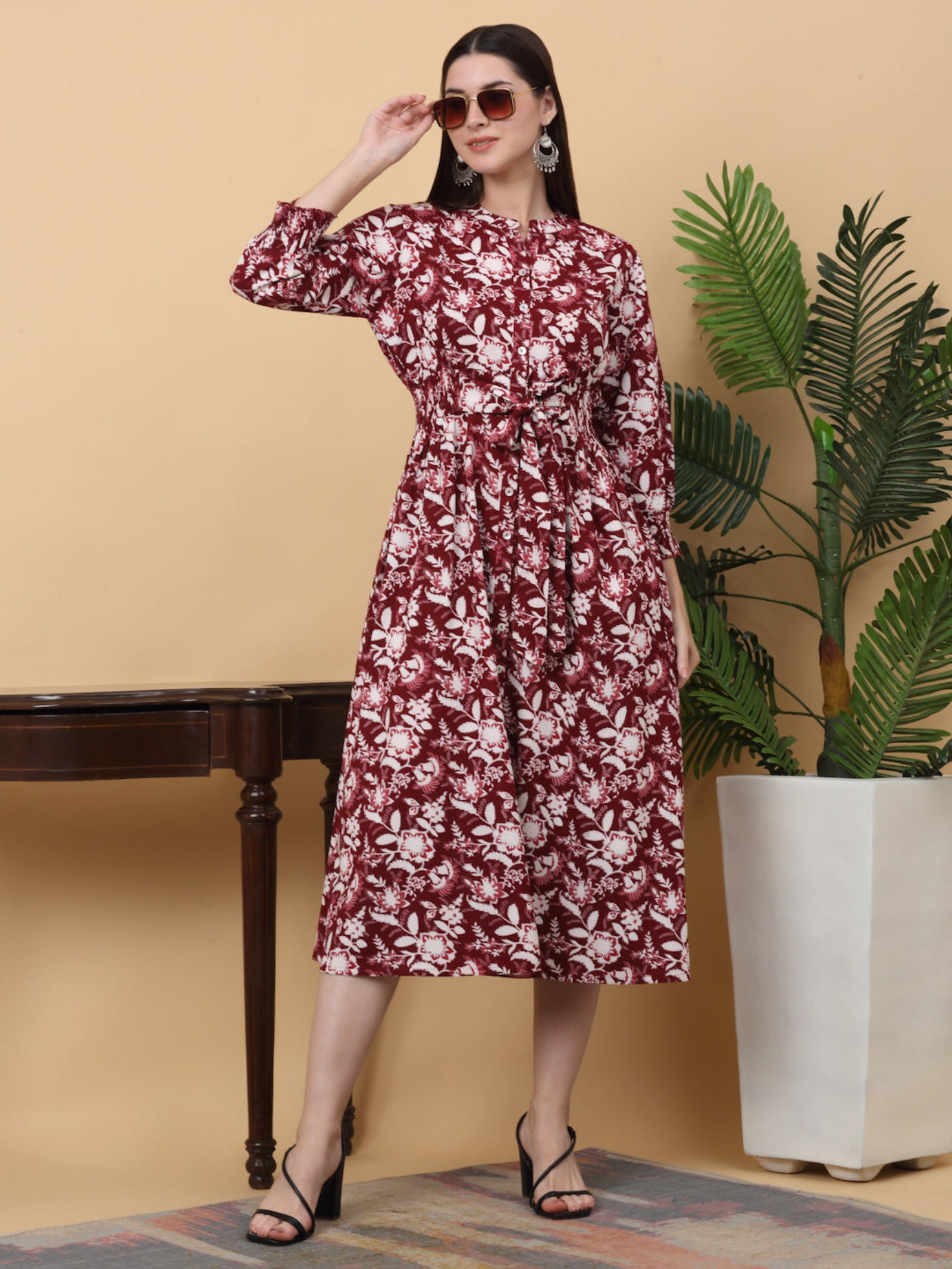 Maluka Women Rayon Floral Printed Mandarin Collar Dress