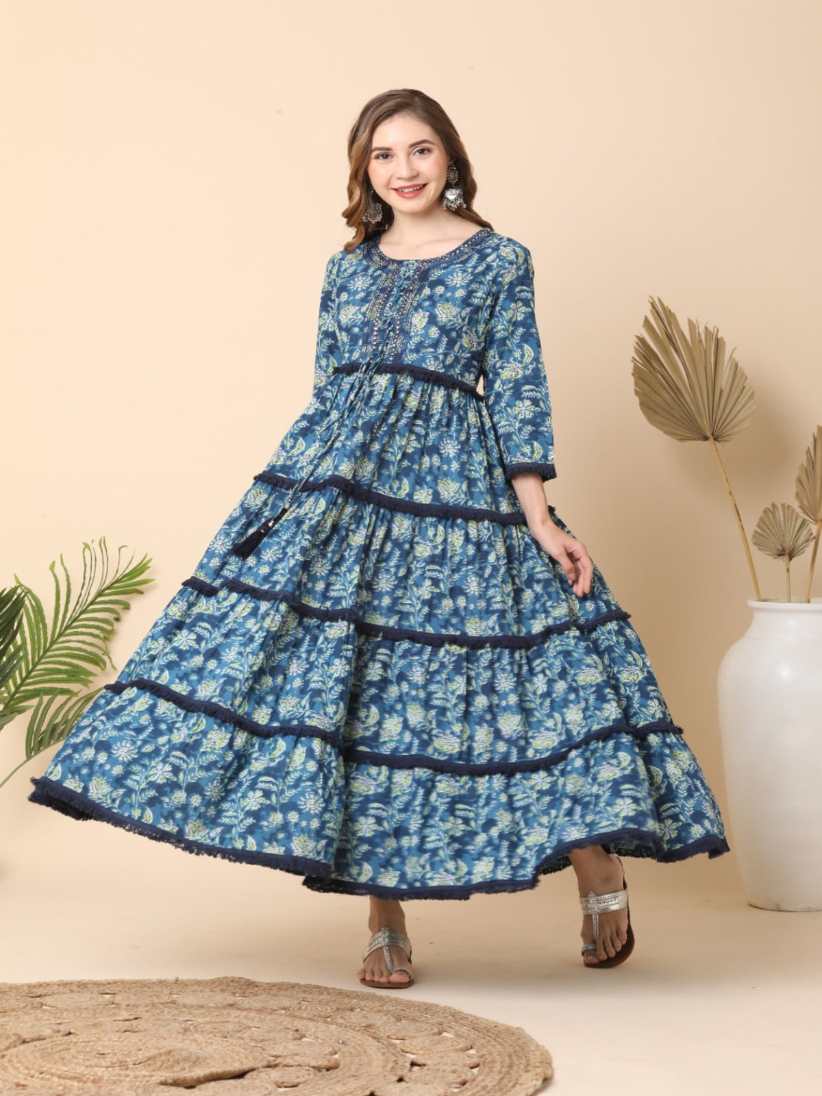 Maluka Women’s Blue Floral Cotton Anarkali Gown with Mirror Work