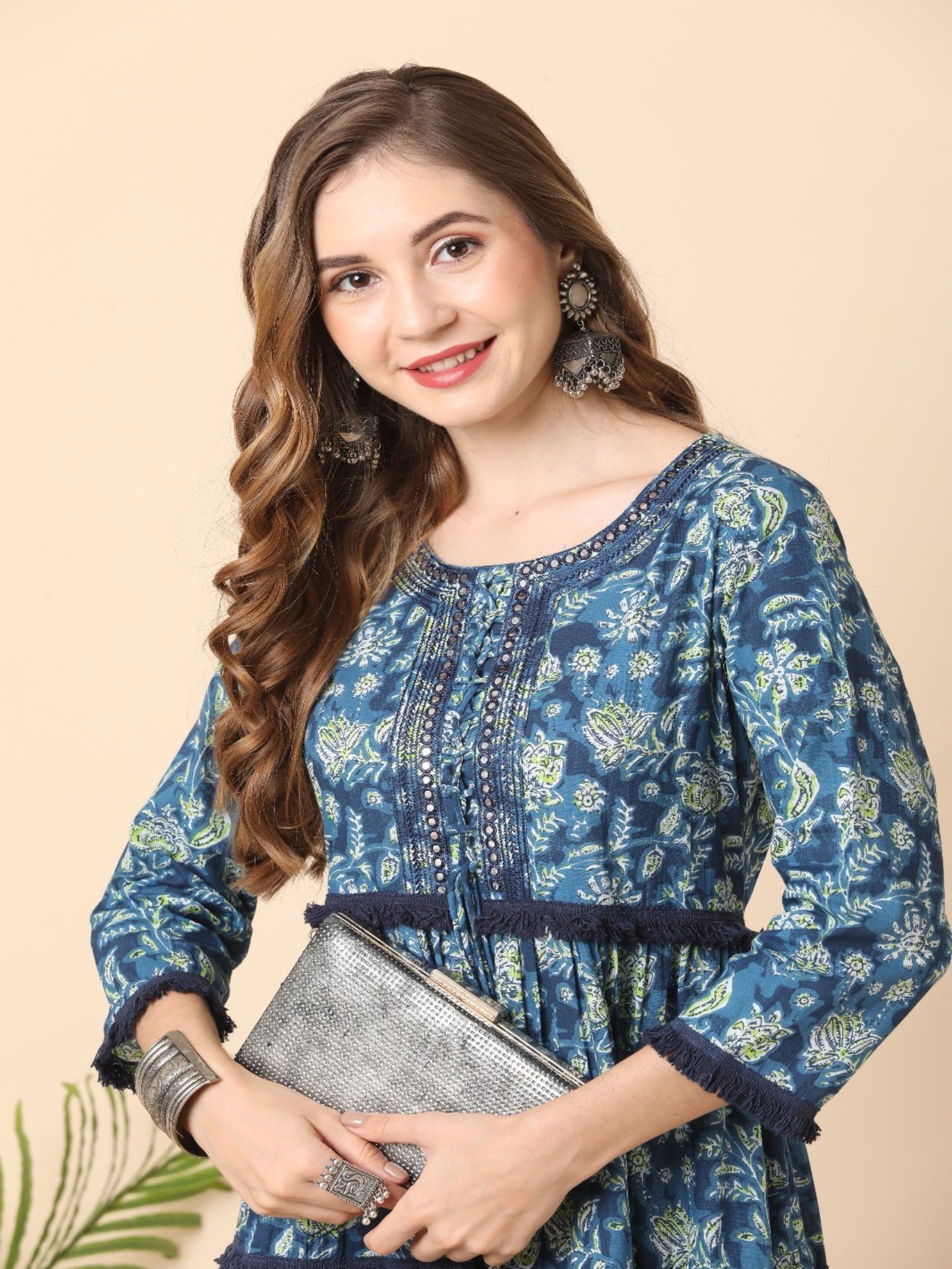 Maluka Women’s Blue Floral Cotton Anarkali Gown with Mirror Work