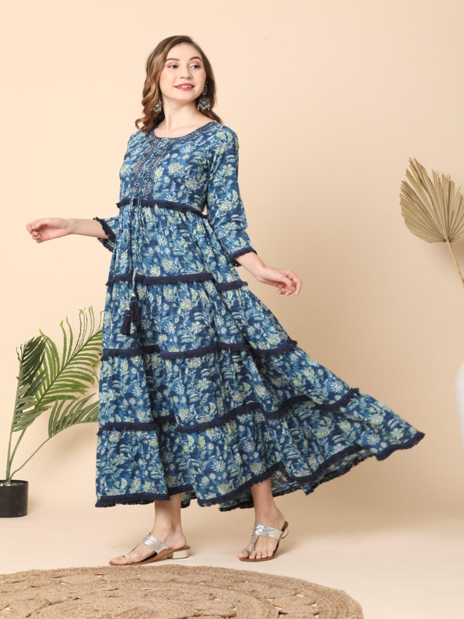Maluka Women’s Blue Floral Cotton Anarkali Gown with Mirror Work
