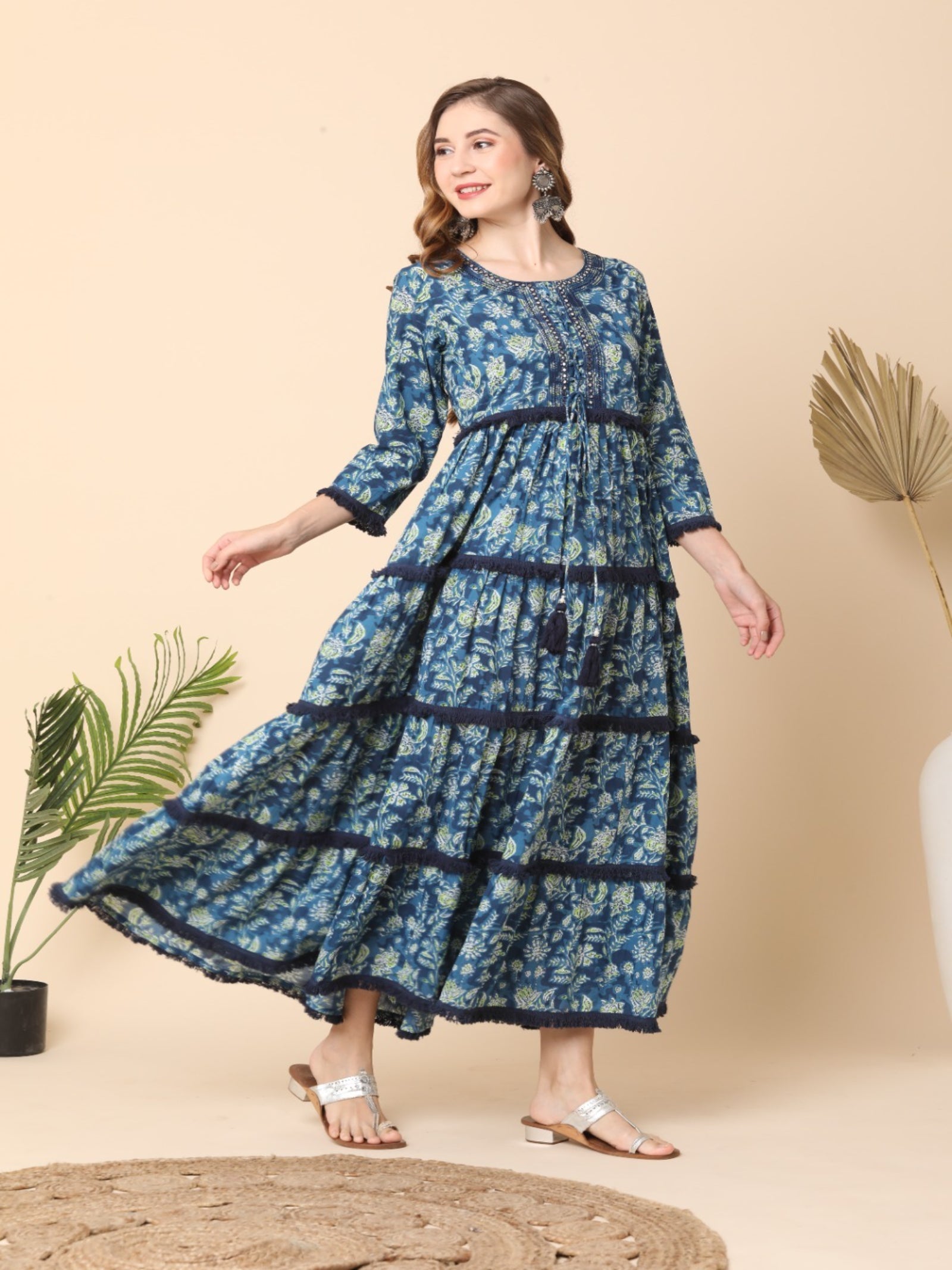 Maluka Women’s Blue Floral Cotton Anarkali Gown with Mirror Work