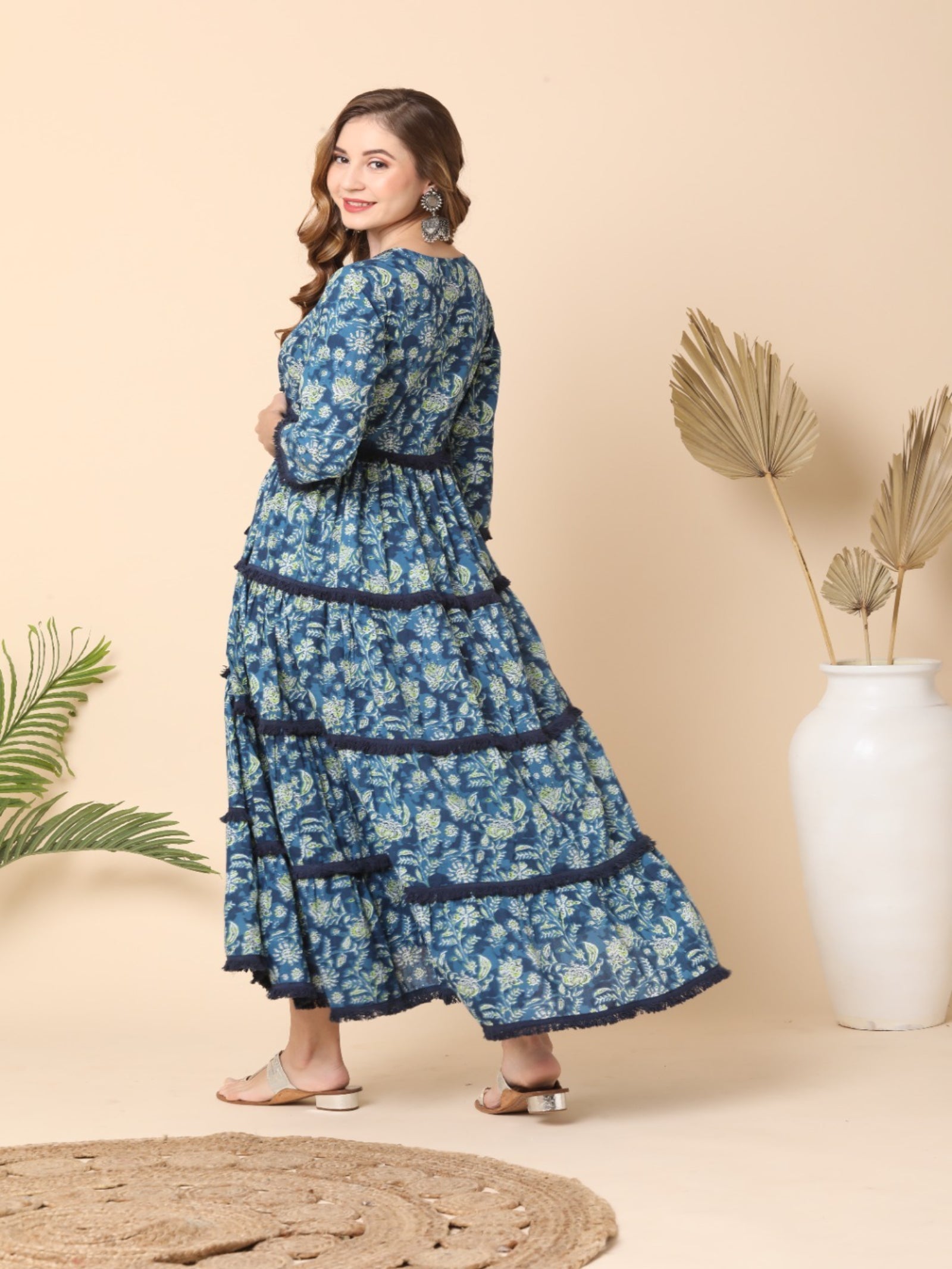 Maluka Women’s Blue Floral Cotton Anarkali Gown with Mirror Work