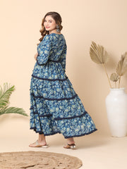 Maluka Women’s Blue Floral Cotton Anarkali Gown with Mirror Work