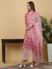 Maluka Women Cotton Red Hand Block Floral Printed Kurta Set
