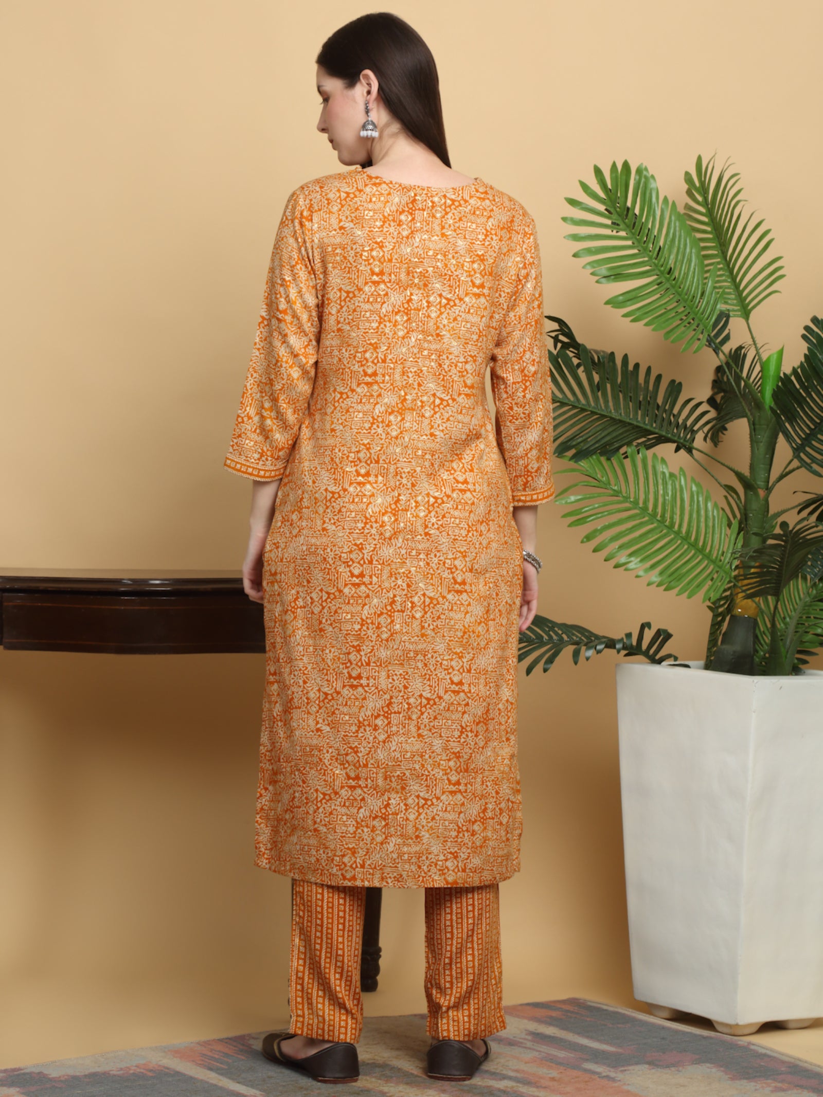 Maluka Women’s Mustard & Red Ethnic Motif Rayon Mirror Work Kurta Set