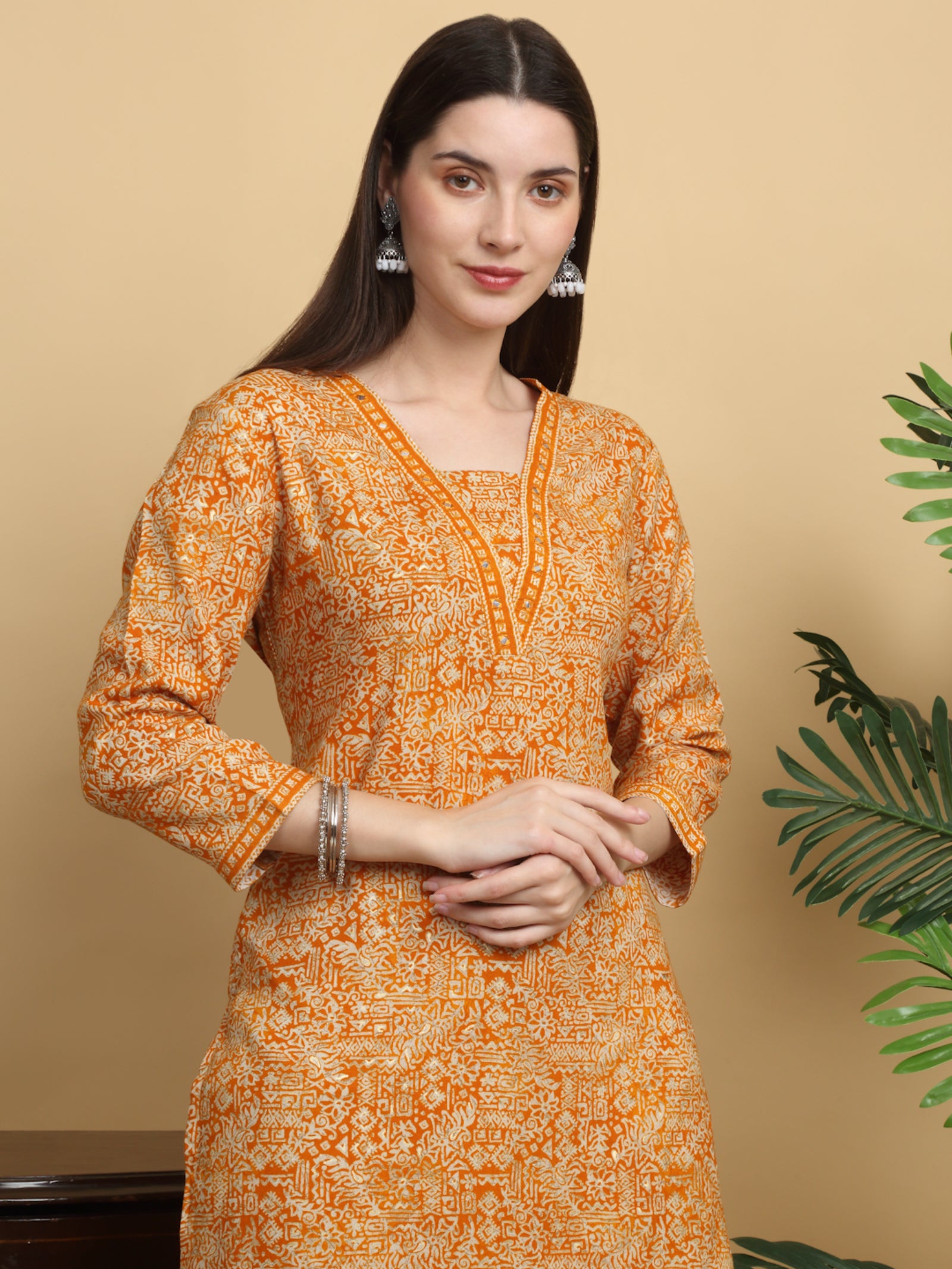 Maluka Women’s Mustard & Red Ethnic Motif Rayon Mirror Work Kurta Set